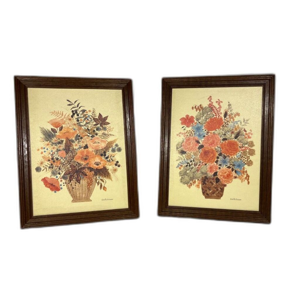 Two Framed Lithograph Art Floral Baskets Artist Gloria Eriksen Vtg Wall Decor